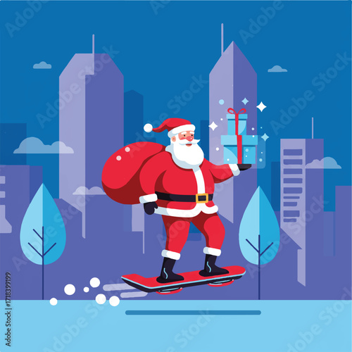Santa on a hoverboard with presents in a city