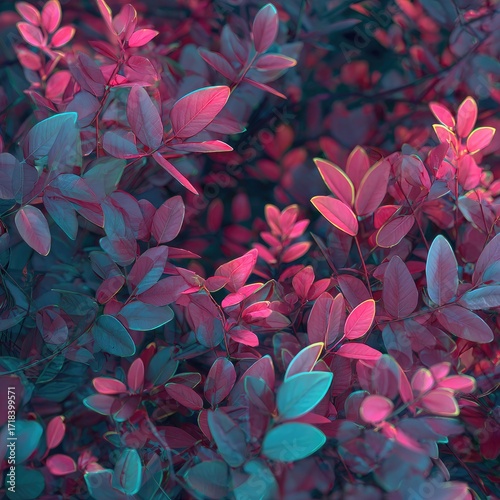 Vibrant, colorful leaves in a lush, vibrant foliage display showcasing deep pinks, purples, and teal tones.