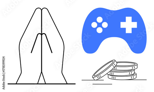Hands joined in prayer, blue gaming controller, stacked coins. Ideal for balance, mindfulness, digital economy, gaming rewards, spirituality in tech, online donations simple flat metaphor