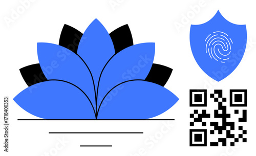 Abstract blue flower, QR code, and fingerprint on shield representing digital security and encryption. Ideal for authentication, privacy, technology, innovation, modernity nature minimalism. Simple