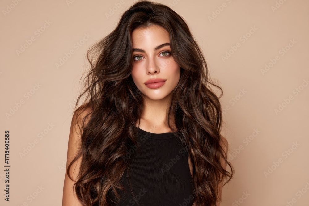 Naklejka premium Beautiful young woman with long wavy hair and natural makeup in a studio portrait.