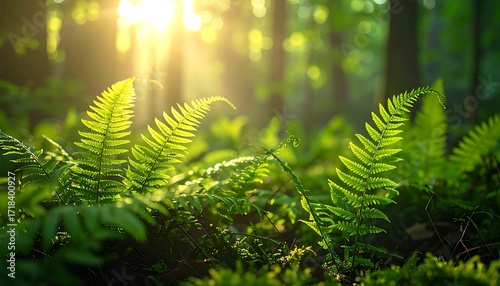 Ferns thriving in sunlit forest, creating a serene and refreshing natural setting. Ideal for naturethemed designs, backgrounds, and concept illustrations.