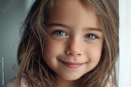 Young girl with bright blue eyes smiling warmly by a window on a sunny day Generative AI