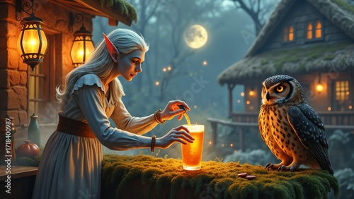 Elven female preparing potion with owl companion in magical forest setting