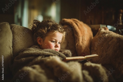 Cozy child reading a book while wrapped in a blanket on a sofa Generative AI