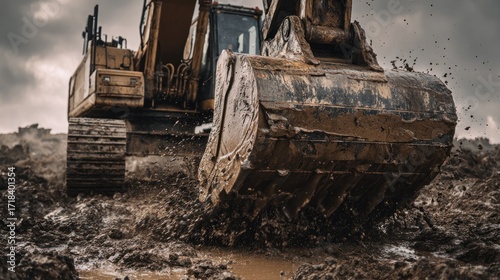 Excavator in Action: Powerful Machine Digging Mud
