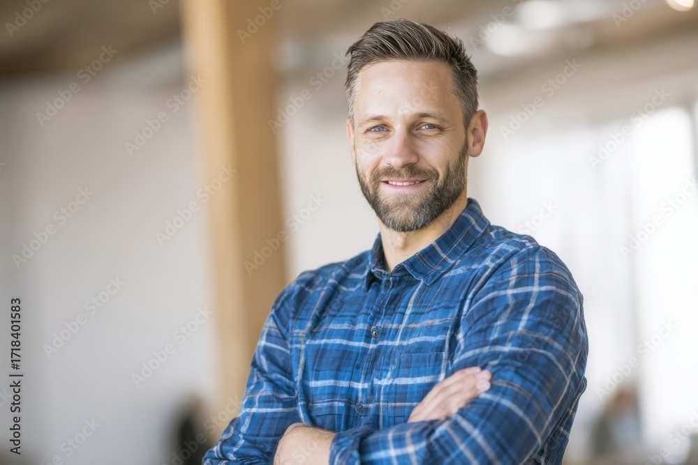 Obraz premium Confident male professional with beard and smiling expression wearing casual shirt.