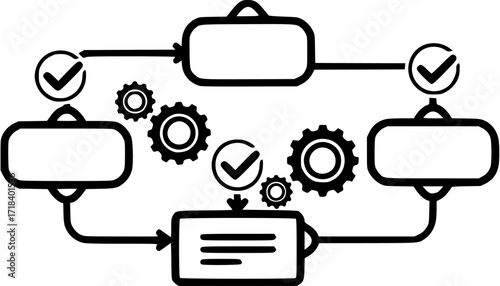 Workflow automation process flowchart diagram with gear and check marks for business strategy
