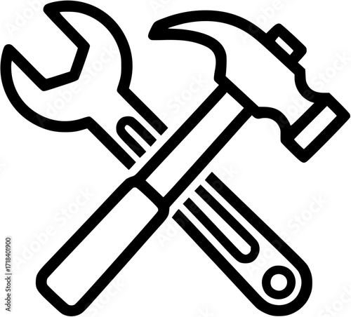 Wrench and hammer crossed outline vector icon for repair construction maintenance handyman service tools
