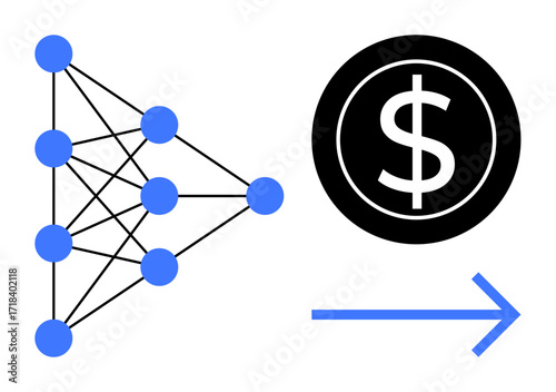 Neural network graph with interconnected nodes alongside a dollar sign representing profit, and an arrow symbolizing progression or conversion. Ideal for technology, finance, AI, innovation, machine