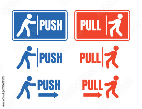 Collection of push and pull door signs with various icons and text