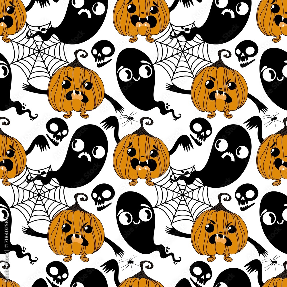 Fototapeta premium Autumn harvest vegetable seamless monster Halloween pumpkins pattern for wrapping paper and fabrics