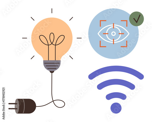 Lightbulb with cord, eye recognition with green checkmark, and wireless signal. Ideal for technology, innovation, connectivity, vision, electricity energy concepts smart solutions. Simple flat