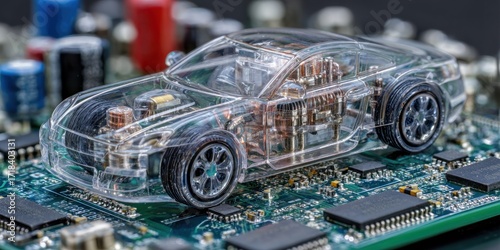 Transparent Car Model on Circuit Board:  Future of Automotive Technology
