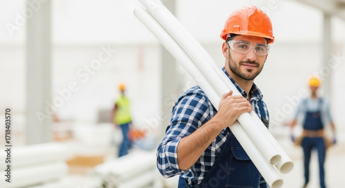 Construction worker carrying pipes in his arms on construction site. Construction worker working on site, holding materials for plumbing and structural work.