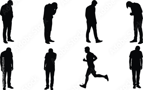 Silhouettes of people in various poses including standing, running and looking down in a white background