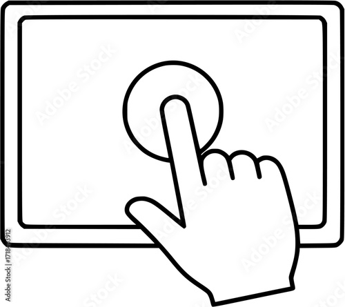 Touchscreen monitor vector icon illustration, hand touching screen display, interactive panel device
