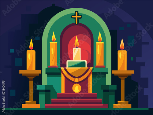 Ceremony altar with glowing candles. Cartoon vector illustration