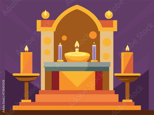 Interior with altar and candles. Cartoon vector illustration