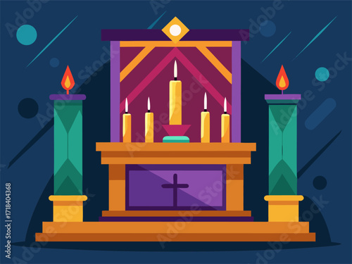 Ceremony altar with glowing candles. Cartoon vector illustration
