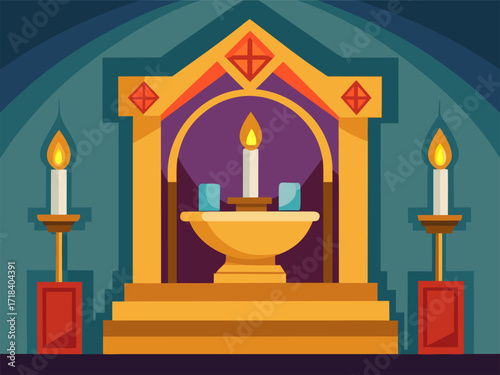 Religious altar with candlelight. Cartoon vector illustration