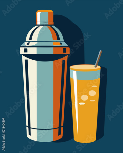 Fresh beverage in tall glass and metal shaker. Flat vector illustration