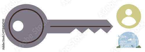 Large gray key with profile icon and airport illustration. Ideal for security, access, identity, travel, exploration, and authentication themes. A simple flat metaphor