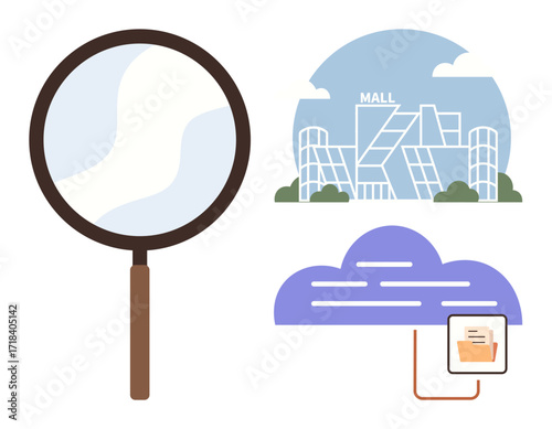 Large magnifying glass, modern shopping mall, and cloud with connected folder highlight data search, e-commerce, digital storage, innovation, technology, research, and connectivity concepts in