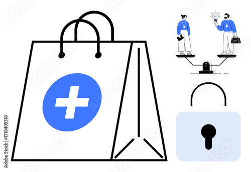 Shopping bag with health symbol, lock highlighting safety, business people exchanging ideas on balance tool. Ideal for healthcare, secure commerce, innovation, teamwork, balance, protection