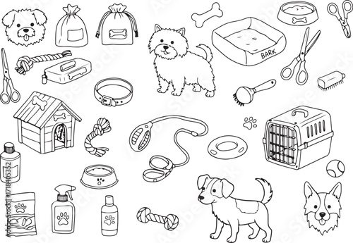Hand drawn dog care and accessories doodle illustrations, vector set