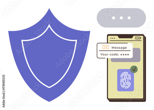 Purple shield, smartphone with fingerprint scanner, secure message with access code. Ideal for cybersecurity, secure access, identity verification, mobile security, two-factor authentication, data
