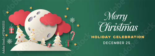 Merry Christmas banner or holiday invitation background with snow, trees and gifts in paper cut style.Full moon with clouds, stars and candy cane decorations. space  for text 