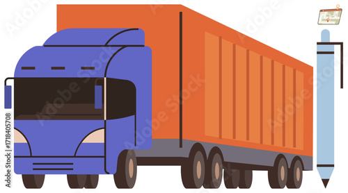Freight truck carrying a large container paired with an oversized pen and clipboard, emphasizing logistics, transportation, writing tasks, documentation, freight management, delivery services, cargo