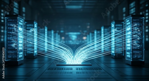 Load balancing concept. A large data stream is intelligently split to flow evenly across multiple holographic servers to prevent overload.