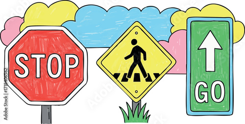 Traffic signs stop pedestrian crossing and go arrow with colorful clouds background vector illustration