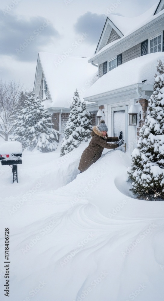 custom made wallpaper toronto digitalIndividual struggles against overwhelming deep snowdrifts completely blocking house doorway during a severe sudden winter blizzard causing immense difficulties and challenges