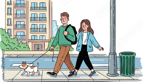 Young couple walking dog on city sidewalk urban lifestyle outdoor activity vector illustration