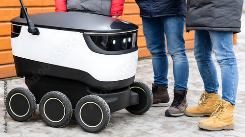 Autonomous delivery robot with people standing nearby on a paved surface