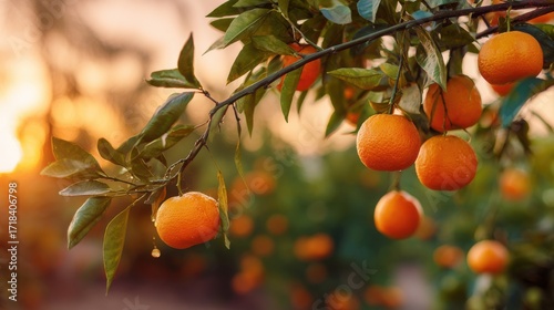 Close up of ripe oranges hanging from a tree branch in warm golden hour sunlight