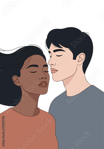 Flat Vector Illustration of an Affectionate Diverse Couple