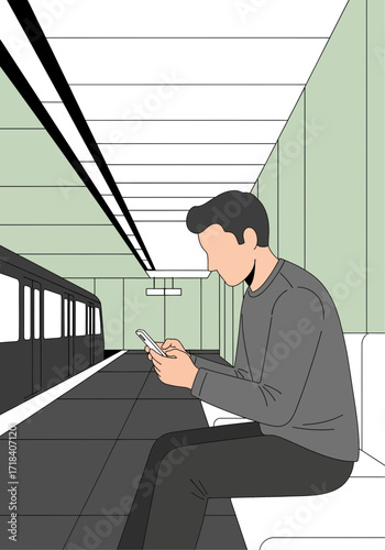 Flat Vector Man Using Smartphone at Subway Station