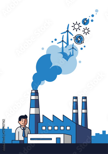 Flat Vector Factory Converting to Renewable Green Energy