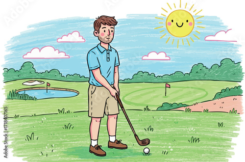 Young man playing golf on sunny green golf course summer day vector illustration