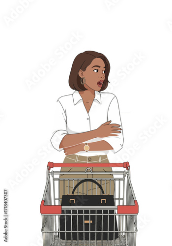 Modern Flat Illustration of Confused Woman Grocery Shopping