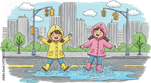 Children jumping in rain puddles wearing colorful raincoats and boots in urban cityscape playground fun