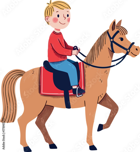 Boy riding horse with reins and saddle on white background vector illustration