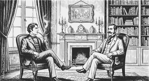 Sherlock Holmes and Dr. Watson in 221B Baker Street. Monochrome vector illustration. EPS version.