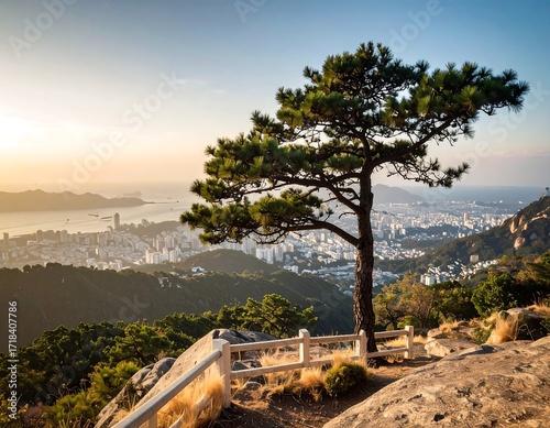 Panoramic view of a city at sunset from a mountaintop