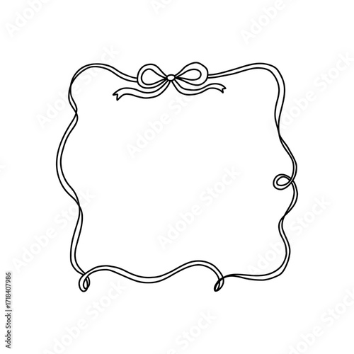  Whimsical wavy square frame with a delicate bow ribbon on top. Cute and coquette style, perfect for girly designs, packaging, invitations, or aesthetic social media content. Vector illustration