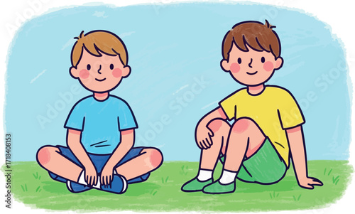 Two boys sitting on grass enjoying outdoor playtime in casual summer clothes vector illustration